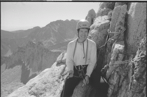Cathy Gildea at the belay on a fine Fall day on Mt. Whitney, California.
